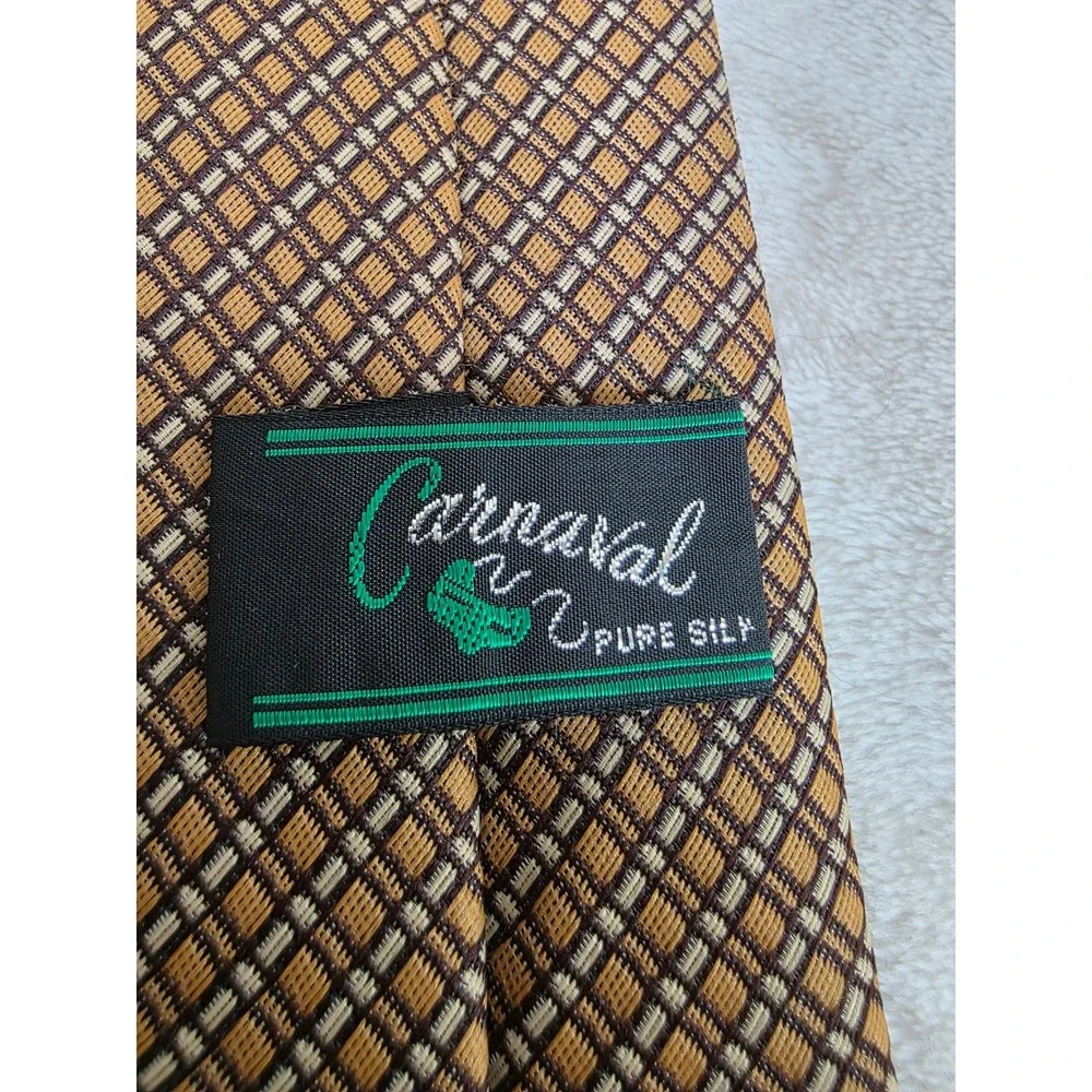 Carnaval Pure Silk Necktie Mens Brown Tan Geometric Micro‎ Check Dress Tie